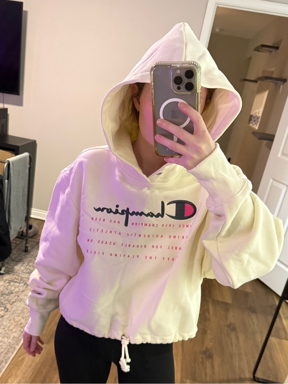 Champion Cream Pullover Hoodie with Black & Pink Logo